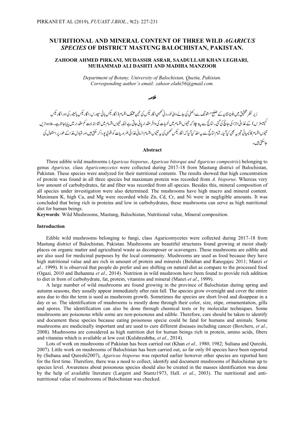 Nutritional and Mineral Content of Three Wild Agaricus Species of District Mastung Balochistan, Pakistan