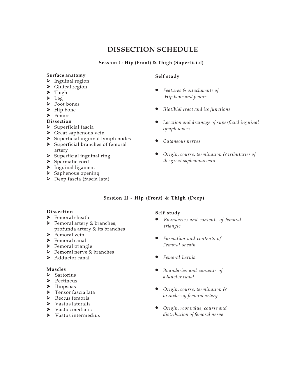 Dissection Schedule