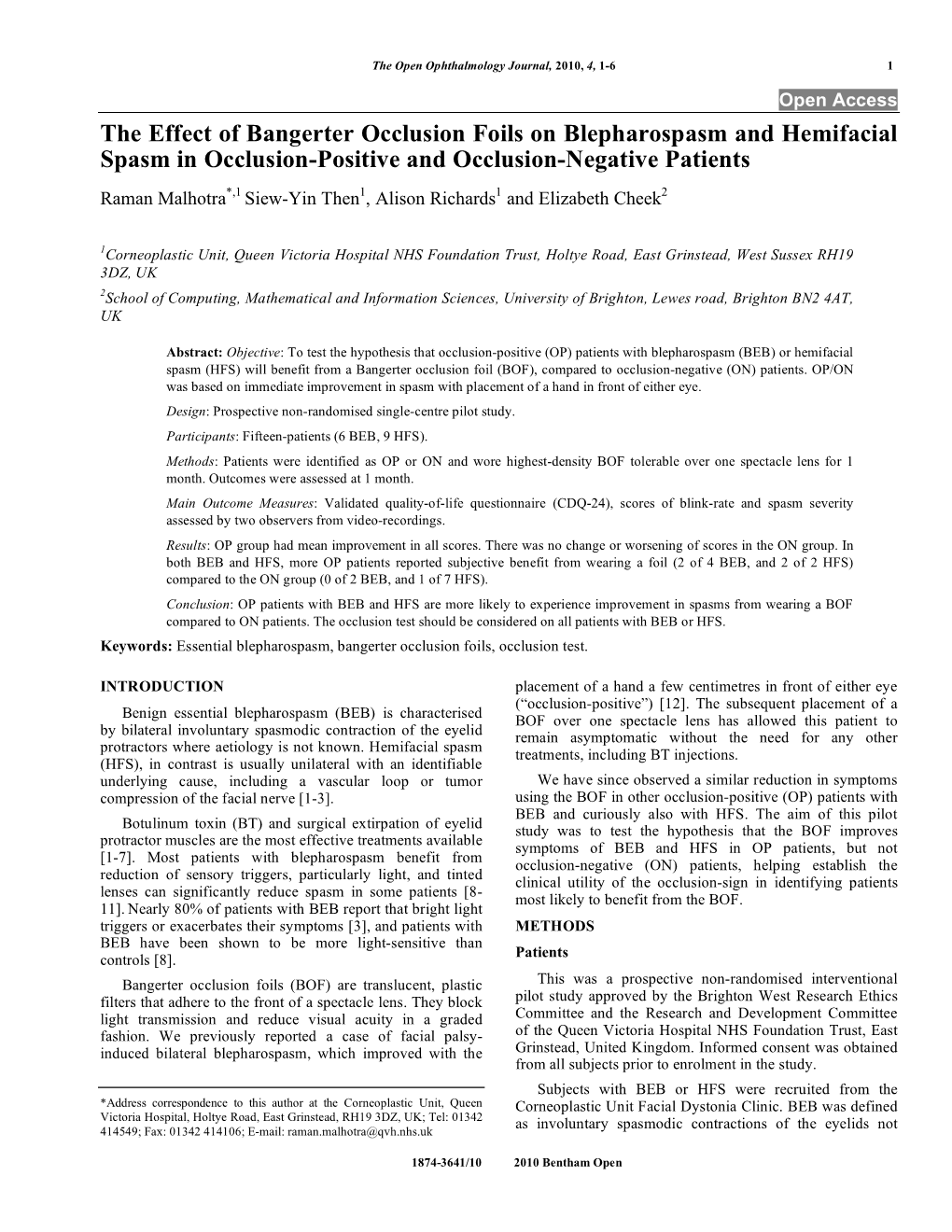 The Effect of Bangerter Occlusion Foils on Blepharospasm And