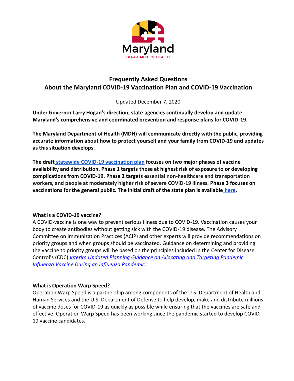 Frequently Asked Questions About the Maryland COVID-19 Vaccination Plan and COVID-19 Vaccination