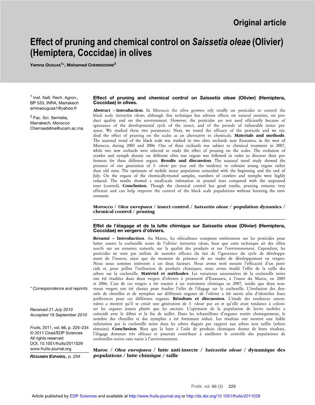 Effect of Pruning and Chemical Control on Saissetia Oleae \(Olivier