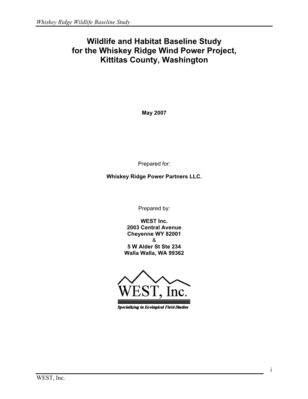 Wildlife and Habitat Baseline Study for the Whiskey Ridge Wind Power Project, Kittitas County, Washington