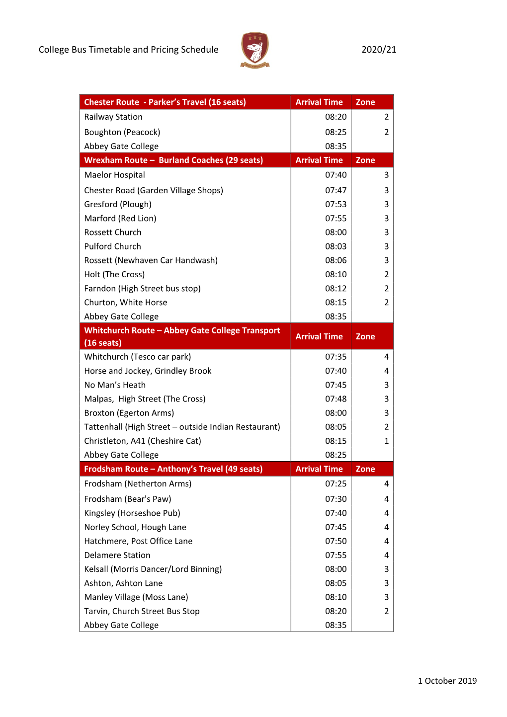 College Bus Timetable and Pricing Schedule 2020/21