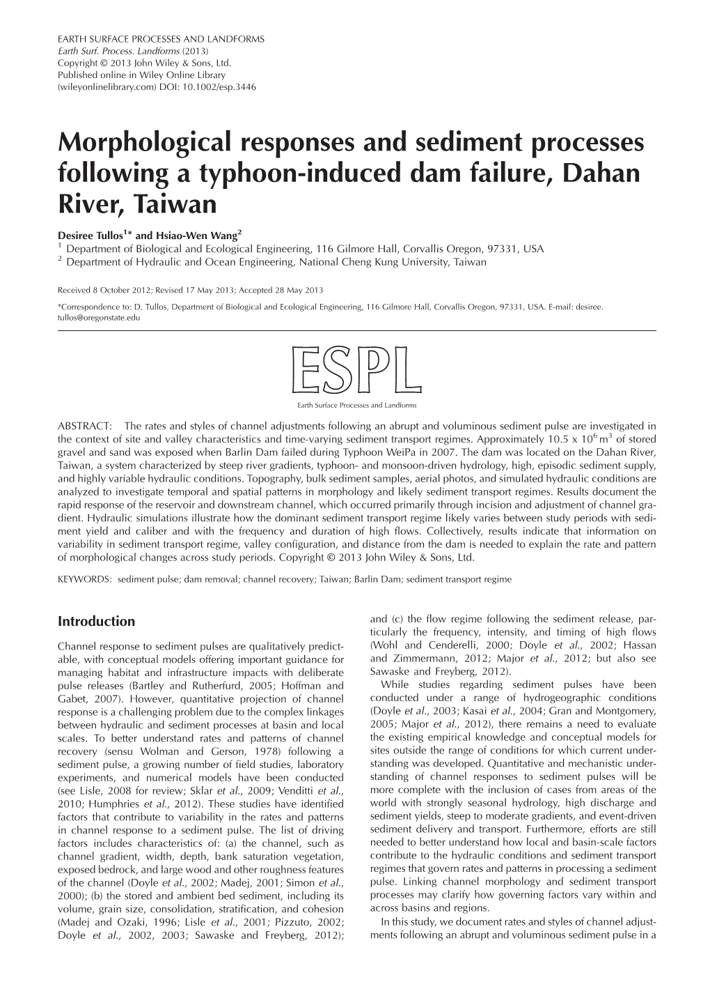 Morphological Responses and Sediment Processes Following a Typhooninduced Dam Failure, Dahan River, Taiwan