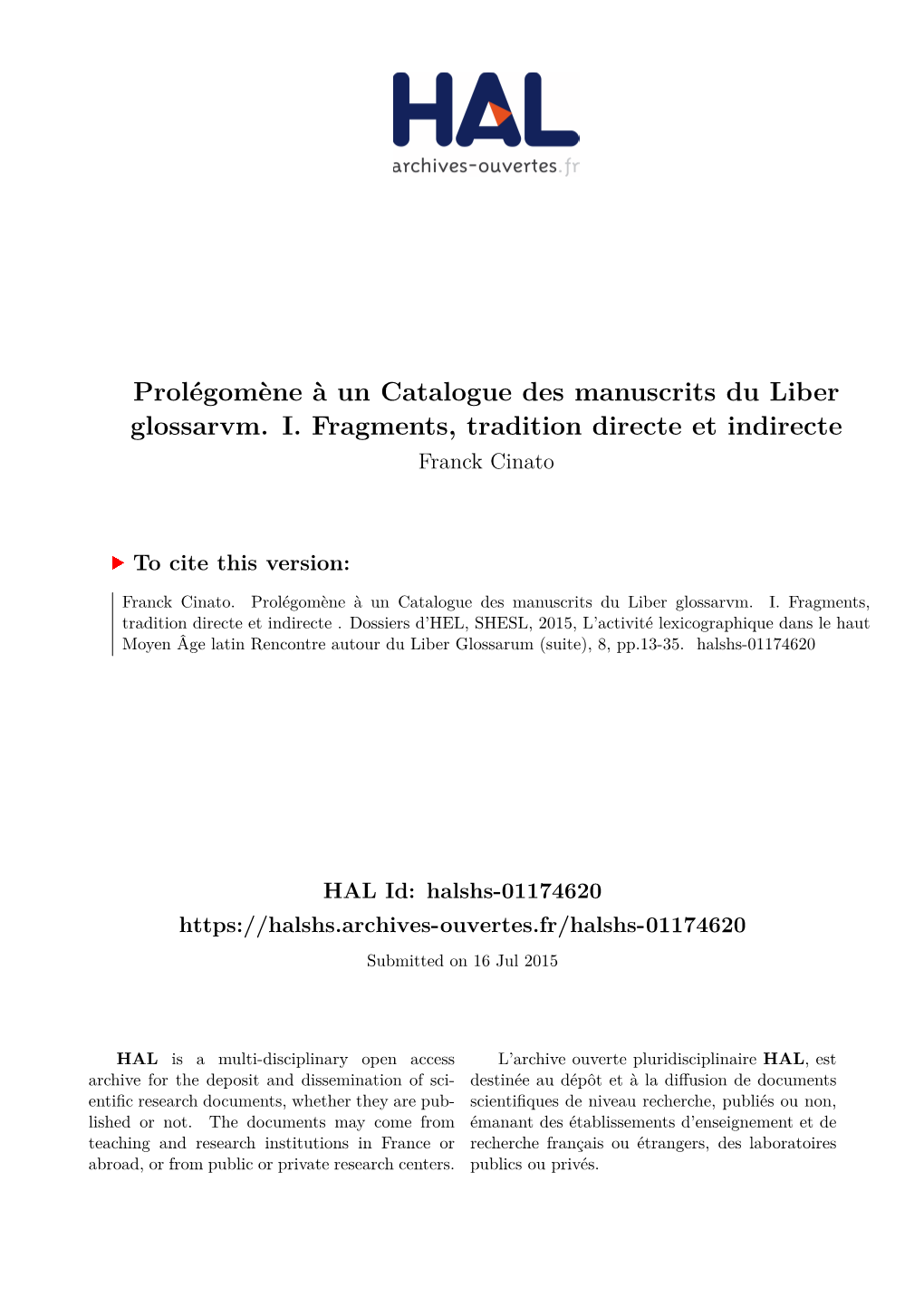 Prolégomène À Un Catalogue Des Manuscrits Du Liber Glossarvm. I