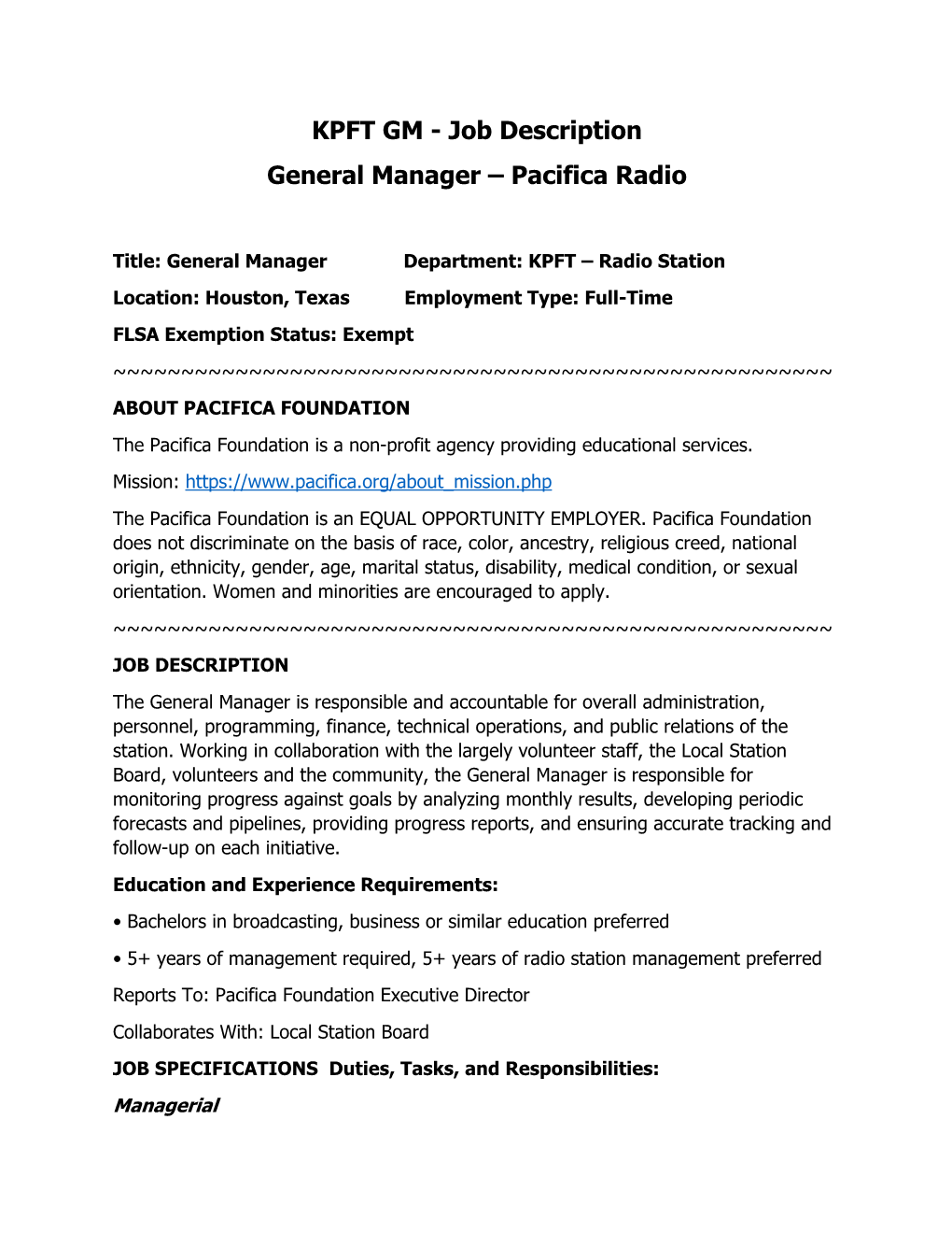 KPFT GM - Job Description General Manager – Pacifica Radio
