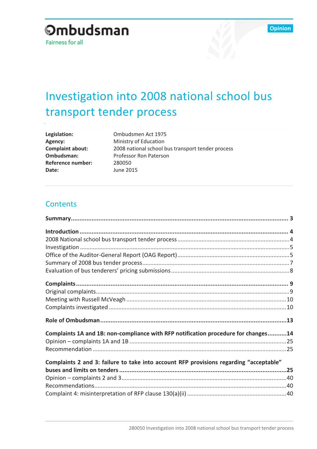 Investigation Into 2008 National School Bus Transport Tender Process