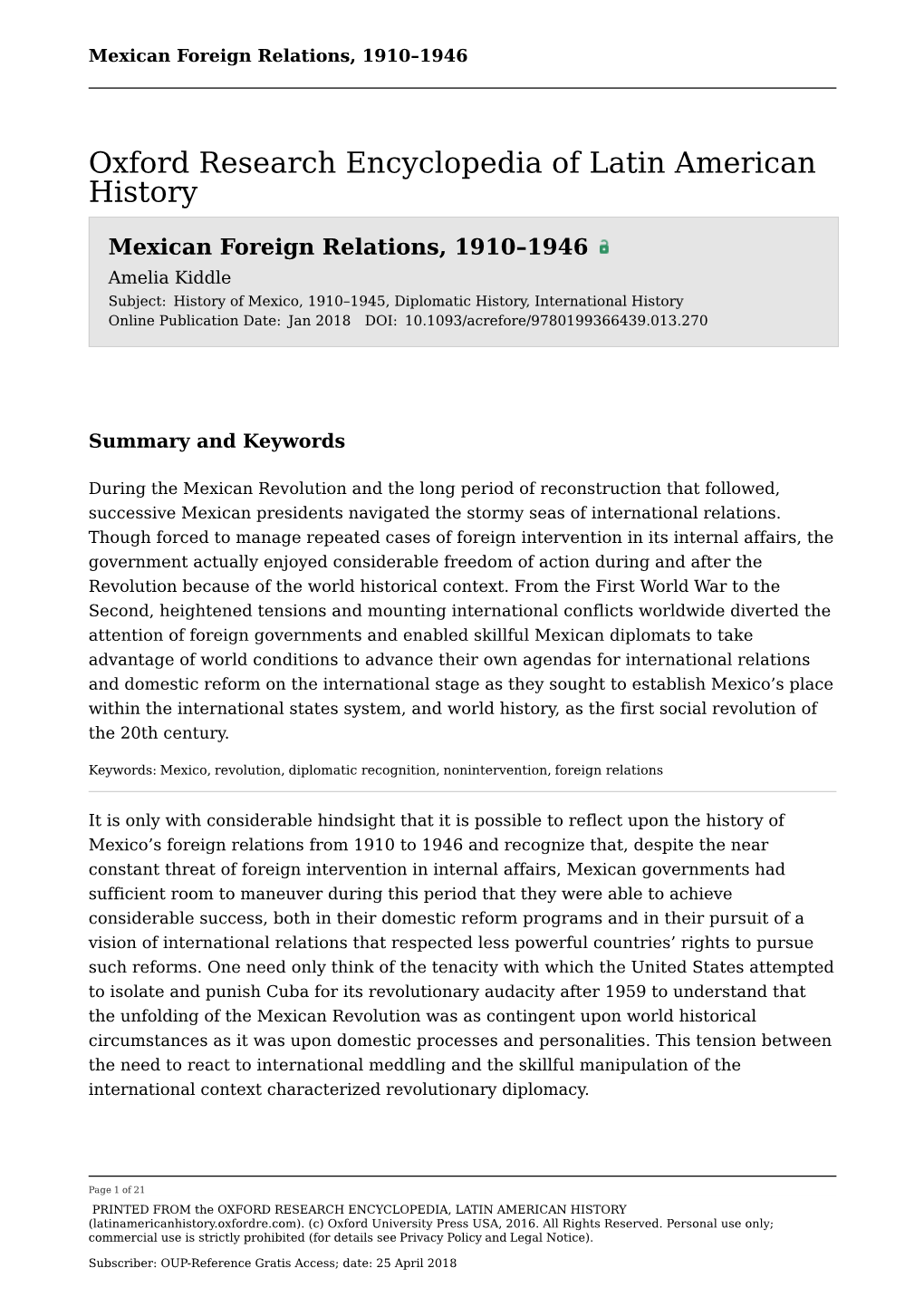 Mexican Foreign Relations, 1910–1946