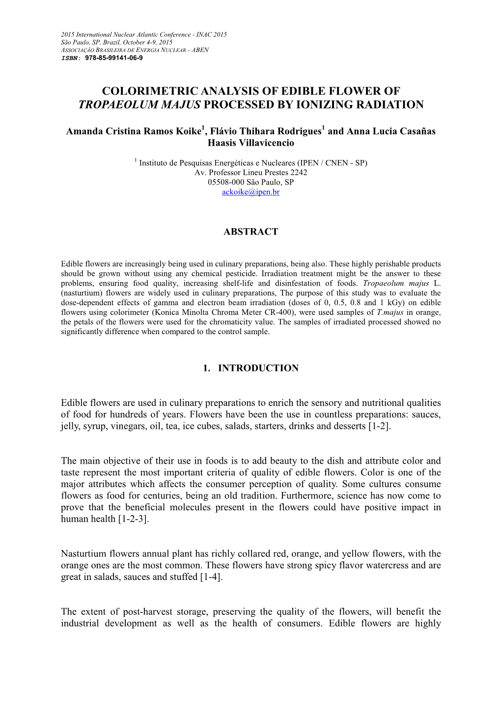 Colorimetric Analysis of Edible Flower of Tropaeolum Majus Processed by Ionizing Radiation