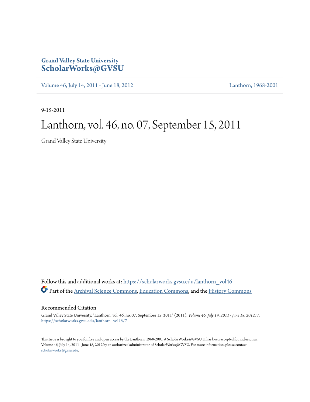 Lanthorn, Vol. 46, No. 07, September 15, 2011 Grand Valley State University