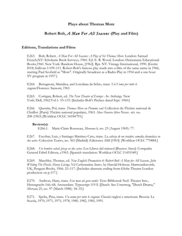 Plays About Thomas More Robert Bolt, a Man for All Seasons (Play