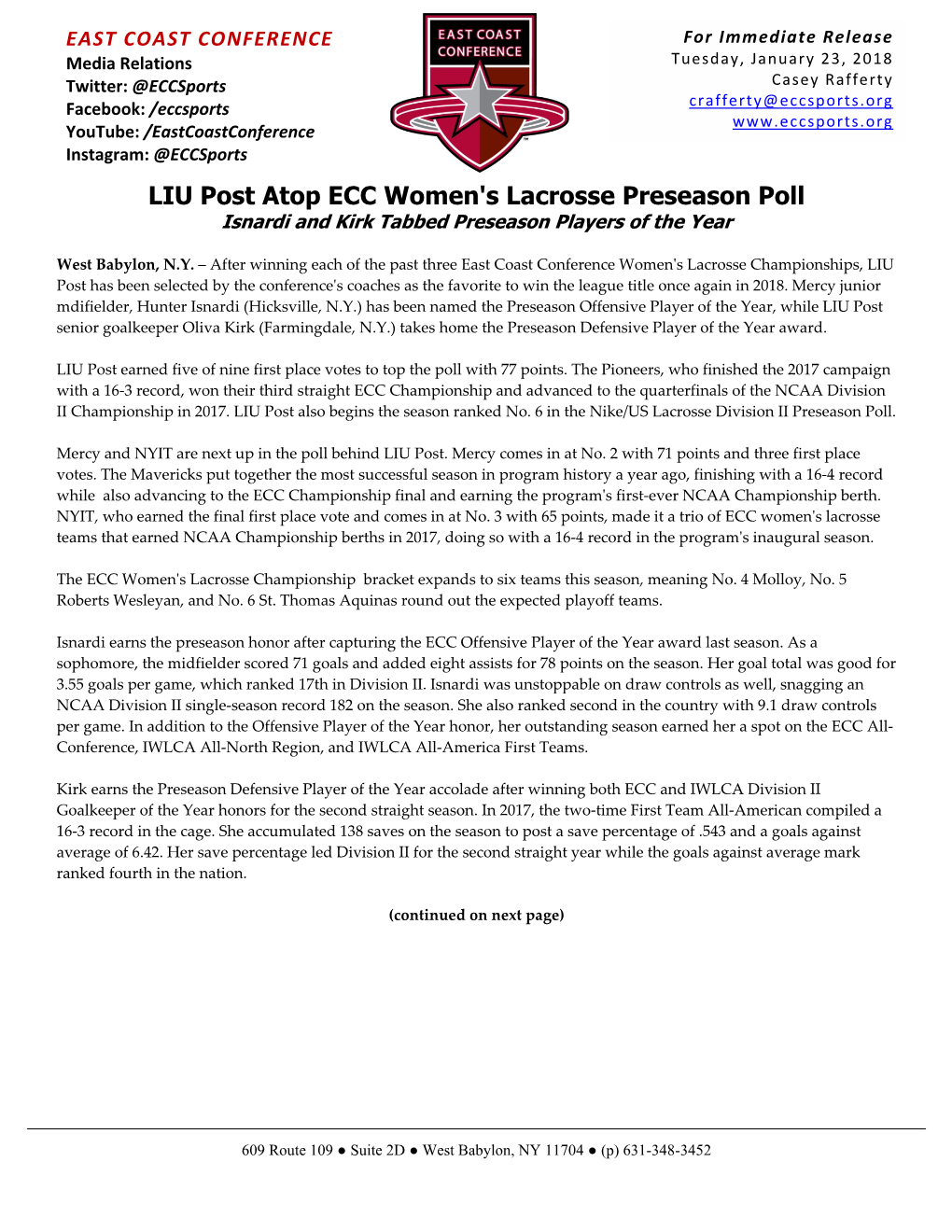 LIU Post Atop ECC Women's Lacrosse Preseason Poll Isnardi and Kirk Tabbed Preseason Players of the Year