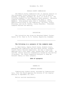November 25, 2013 MOBILE COUNTY COMMISSION the Mobile County Commission Met in Regular Session in the Government Plaza Auditoriu