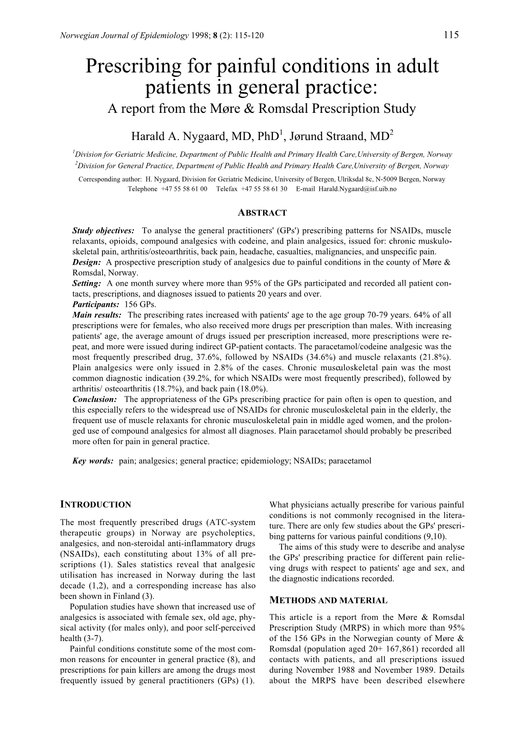 Prescribing for Painful Conditions in Adult Patients in General Practice: a Report from the Møre & Romsdal Prescription Study