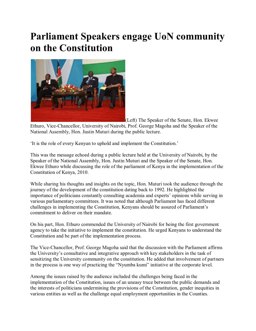 Parliament Speakers Engage Uon Community on the Constitution