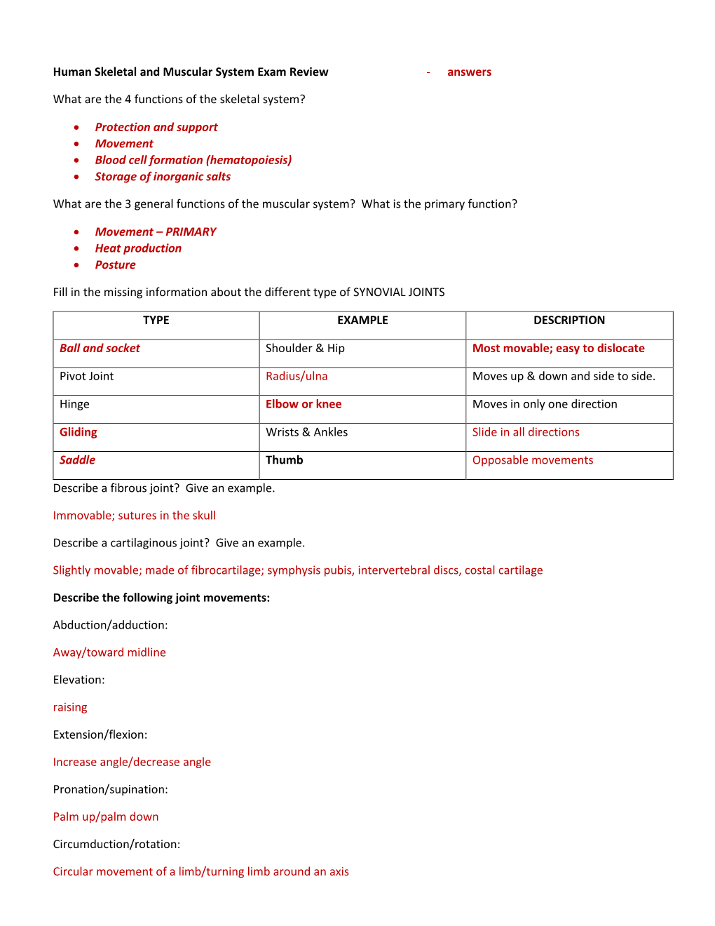 Human Skeletal and Muscular System Exam Review - Answers