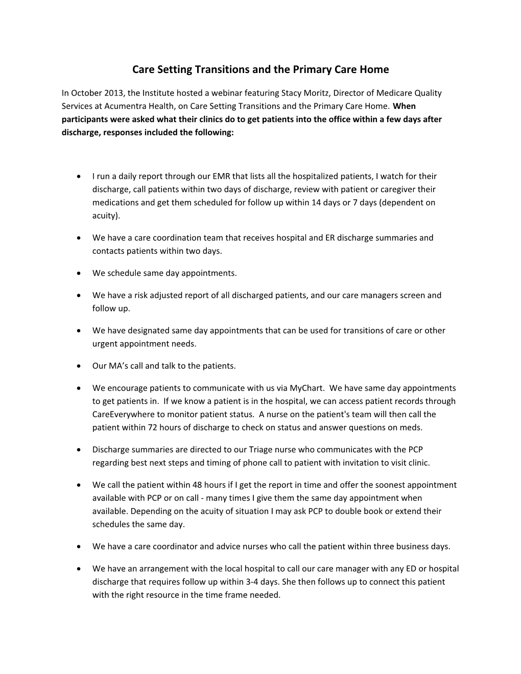 Care Setting Transitions and the Primary Care Home