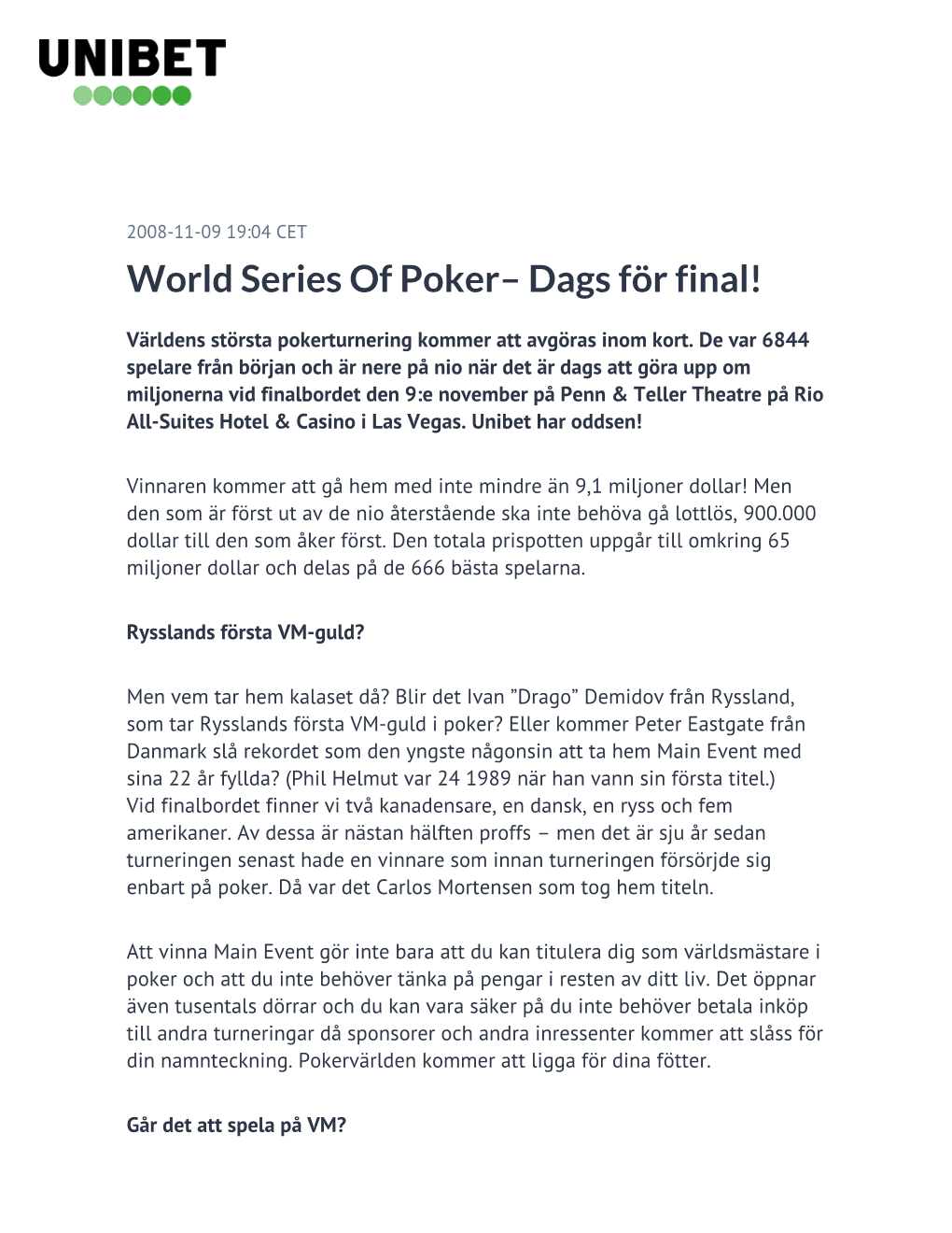 World Series of Poker– Dags För Final!