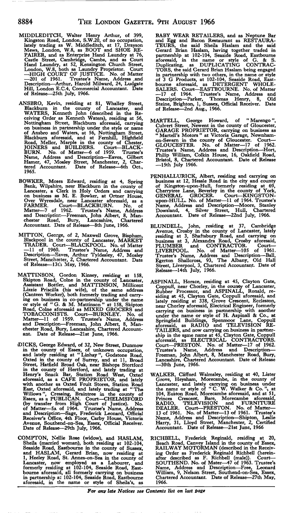 8884 the London Gazette, Qth August 1966