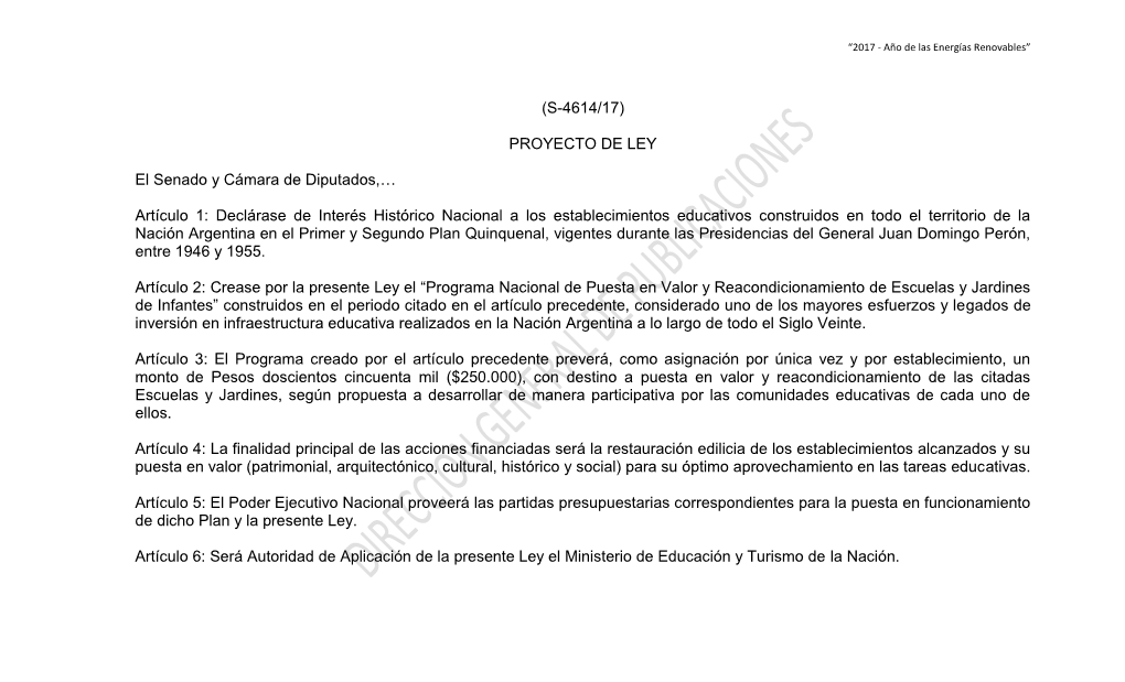 (S-4614/17) PROYECTO DE LEY El