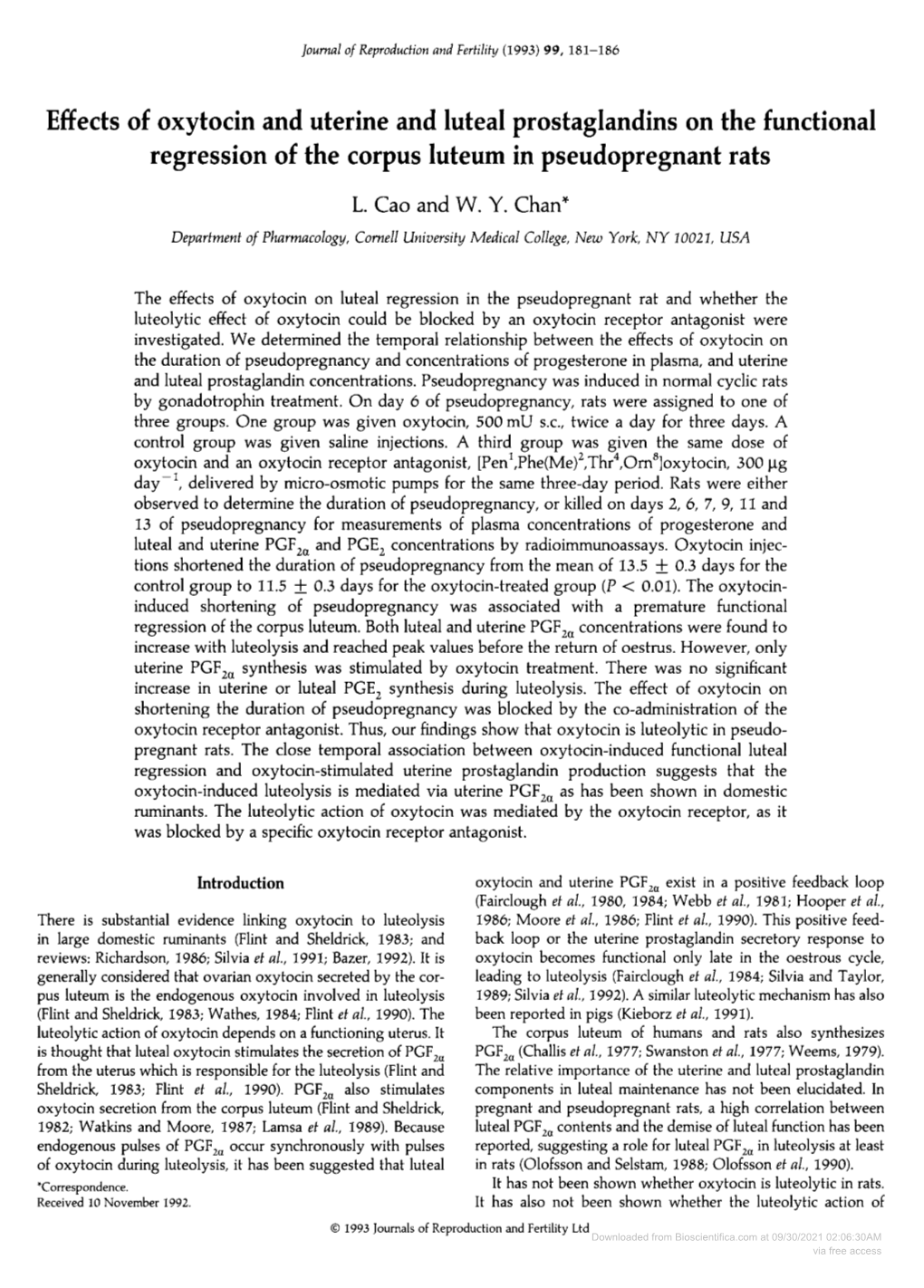 Effects of Oxytocin and Uterine and Luteal Prostaglandins on the Functional Regression of the Corpus Luteum in Pseudopregnant Rats L