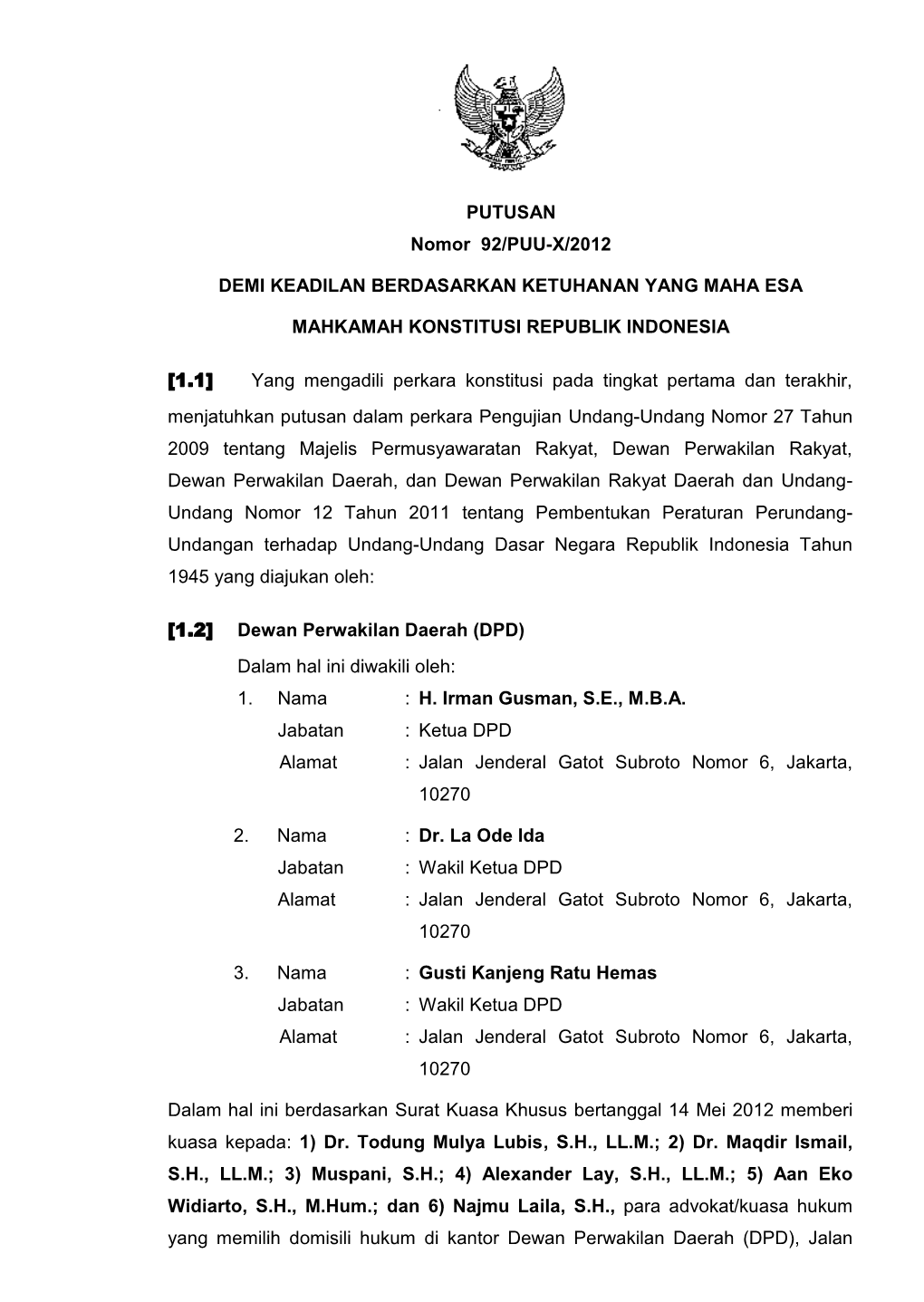 Putusan Mahkamah Konstitusi Nomor 92/PUU-X/2012