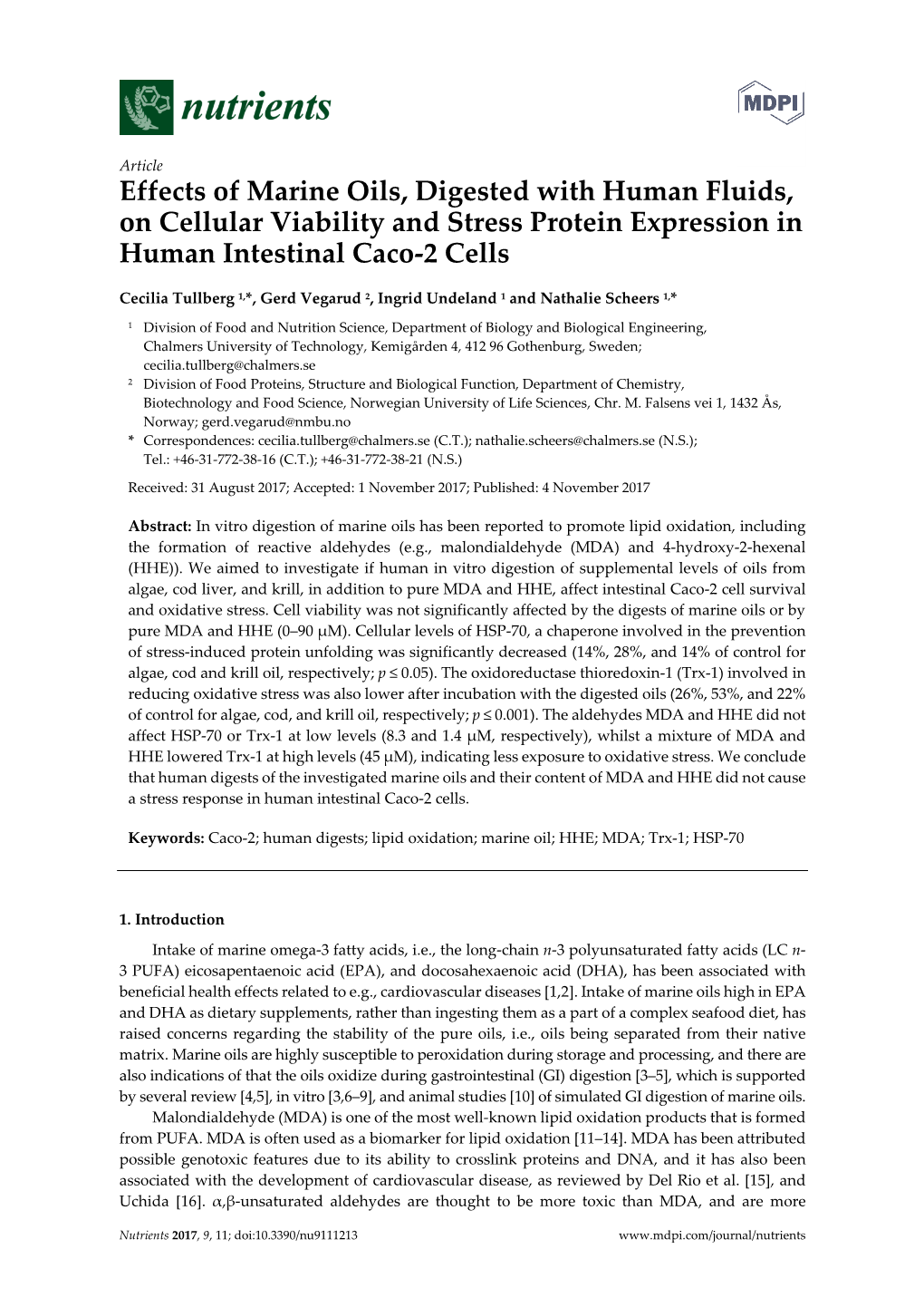 Article Effects of Marine Oils, Digested with Human Fluids, on Cellular Viability and Stress Protein Expression in Human Intestinal Caco-2 Cells