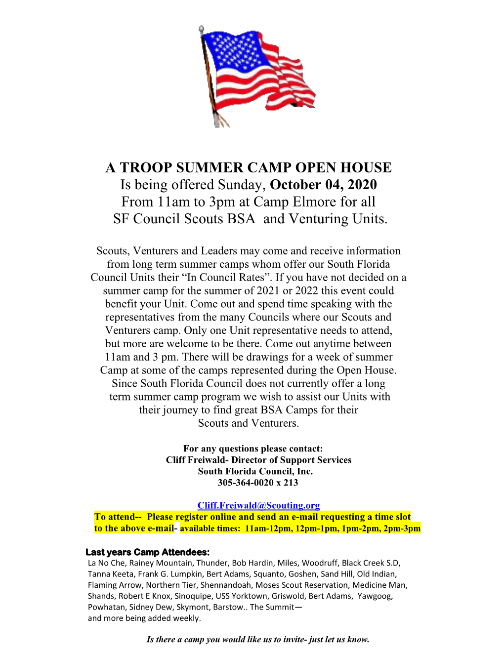 A TROOP SUMMER CAMP OPEN HOUSE Is Being Offered Sunday, October 04, 2020 from 11Am to 3Pm at Camp Elmore for All SF Council Scouts BSA and Venturing Units