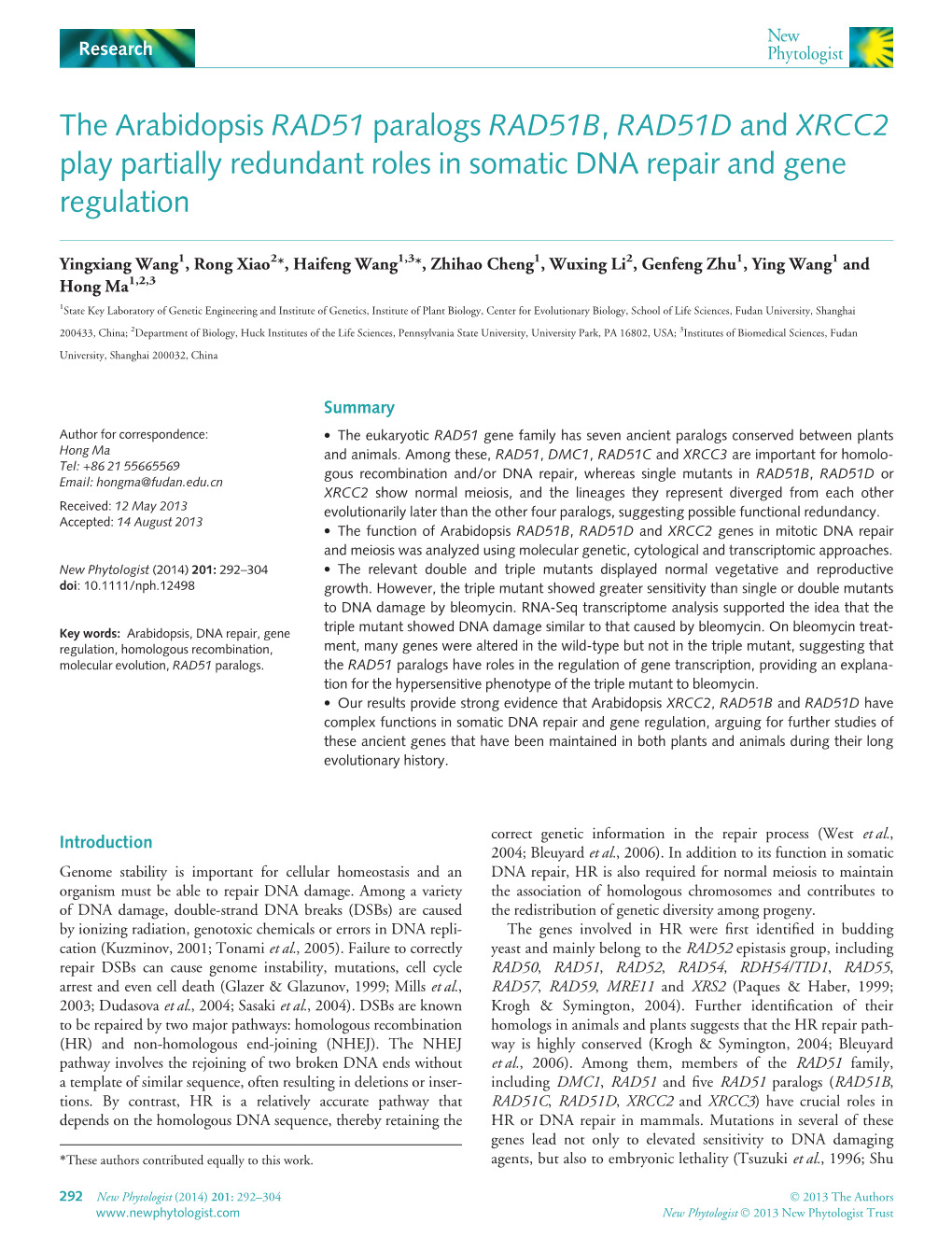 The Arabidopsis RAD51 Paralogs RAD51B, RAD51D and XRCC2 Play Partially Redundant Roles in Somatic DNA Repair and Gene Regulation