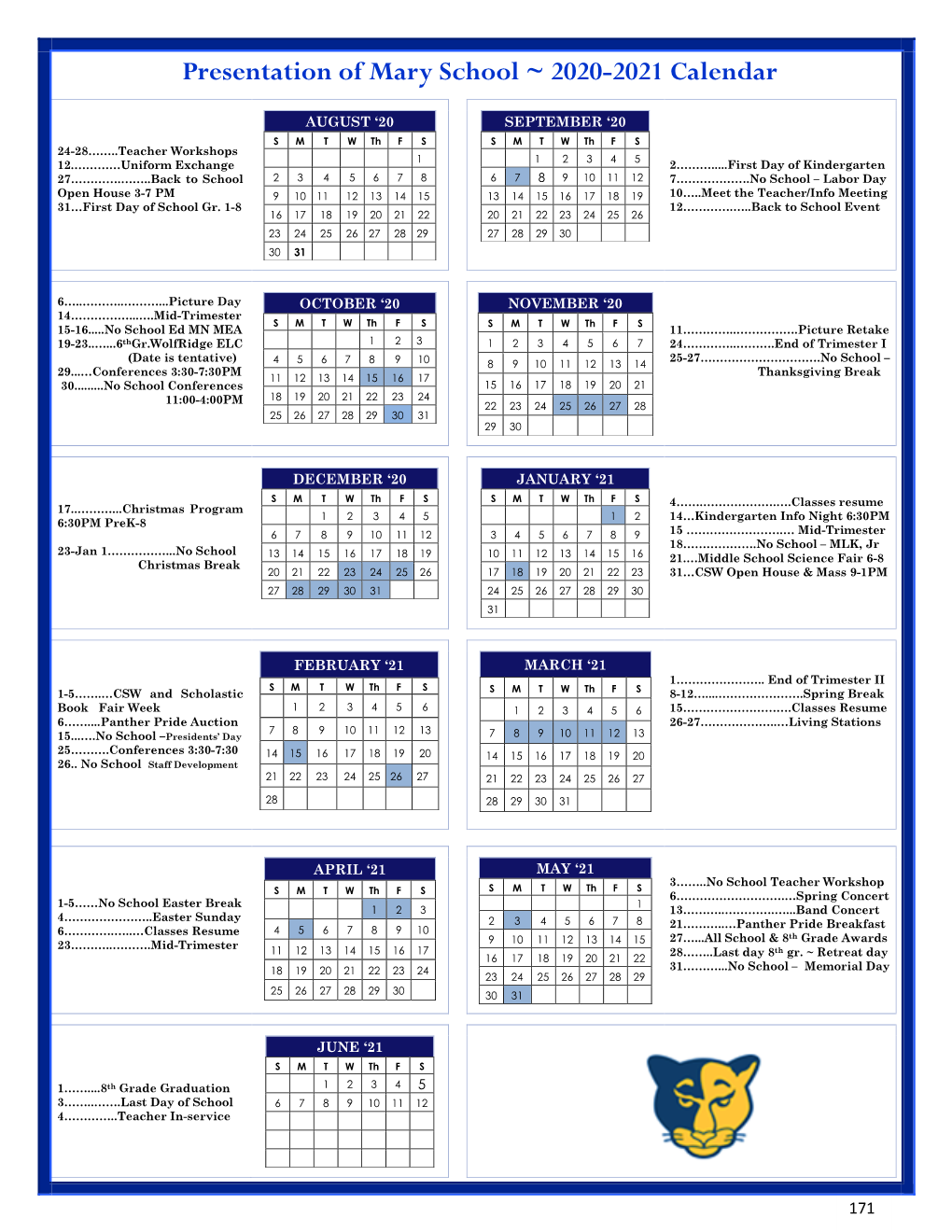 Presentation of Mary School ~ 2020-2021 Calendar