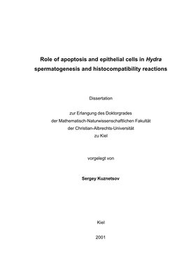 Role of Apoptosis and Epithelial Cells in Hydra Spermatogenesis and Histocompatibility Reactions