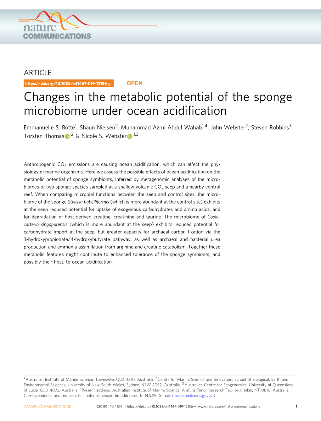 Changes in the Metabolic Potential of the Sponge Microbiome Under Ocean Acidification