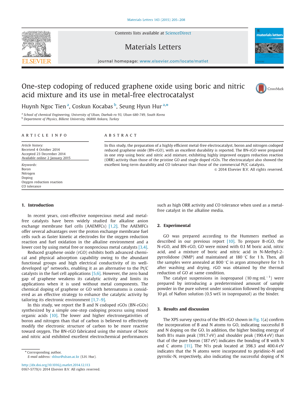 One-Step Codoping of Reduced Graphene Oxide Using Boric and Nitric Acid Mixture and Its Use in Metal-Free Electrocatalyst