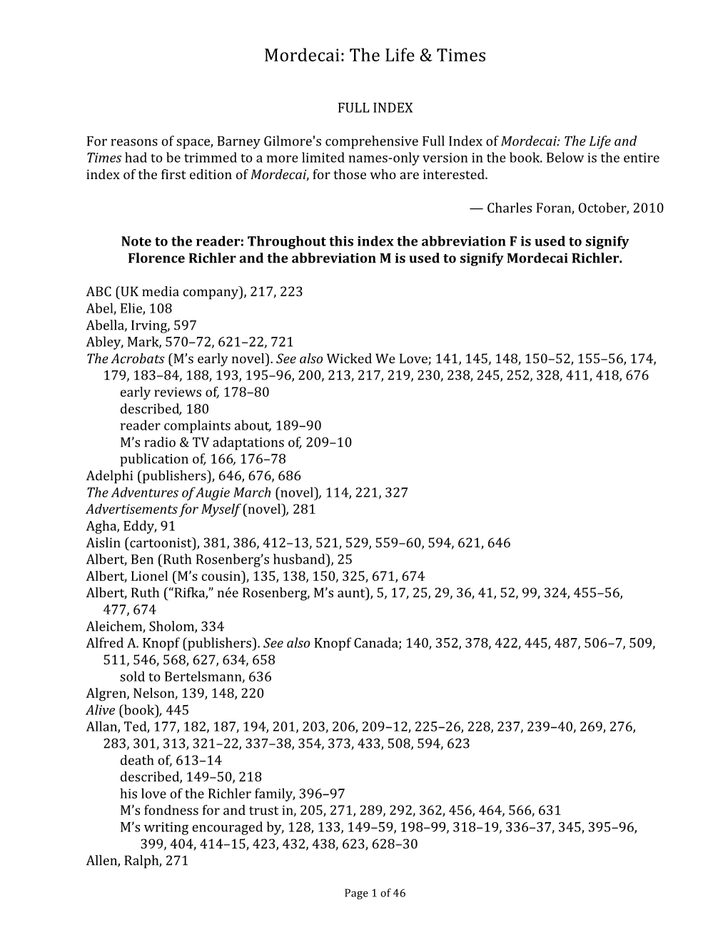 Mordecai Full Index