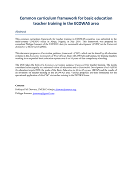 Common Curriculum Framework for BE Teacher Training ECOWAS