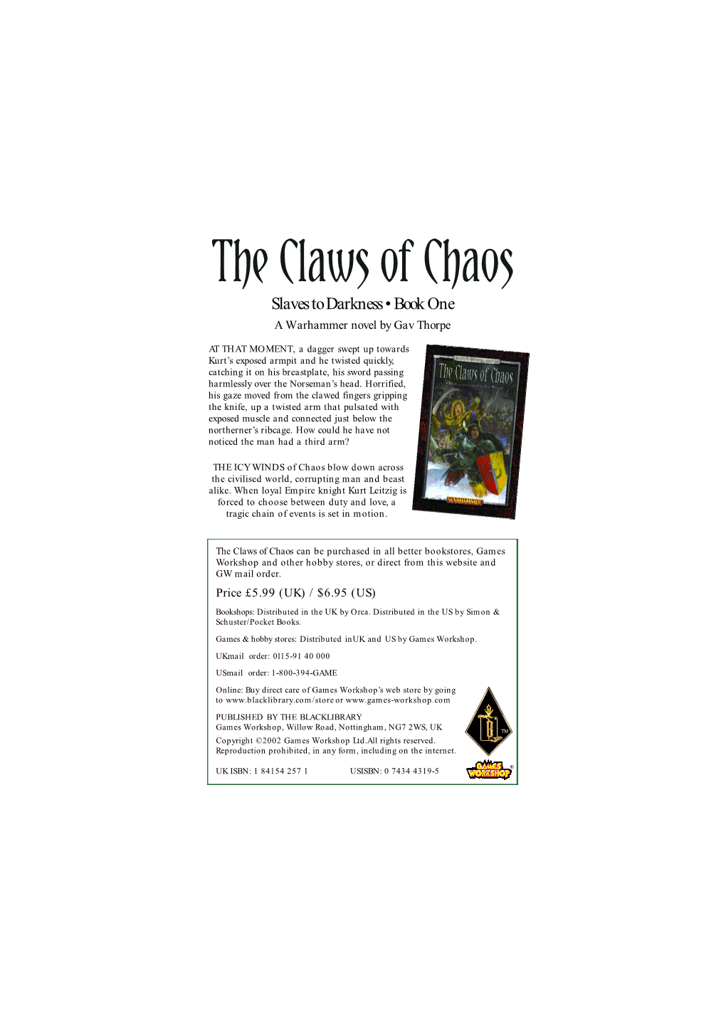 Claws of Chaos 1 the Claws of Chaos Slaves to Darkness • Book One a Warhammer Novel by Gav Thorpe