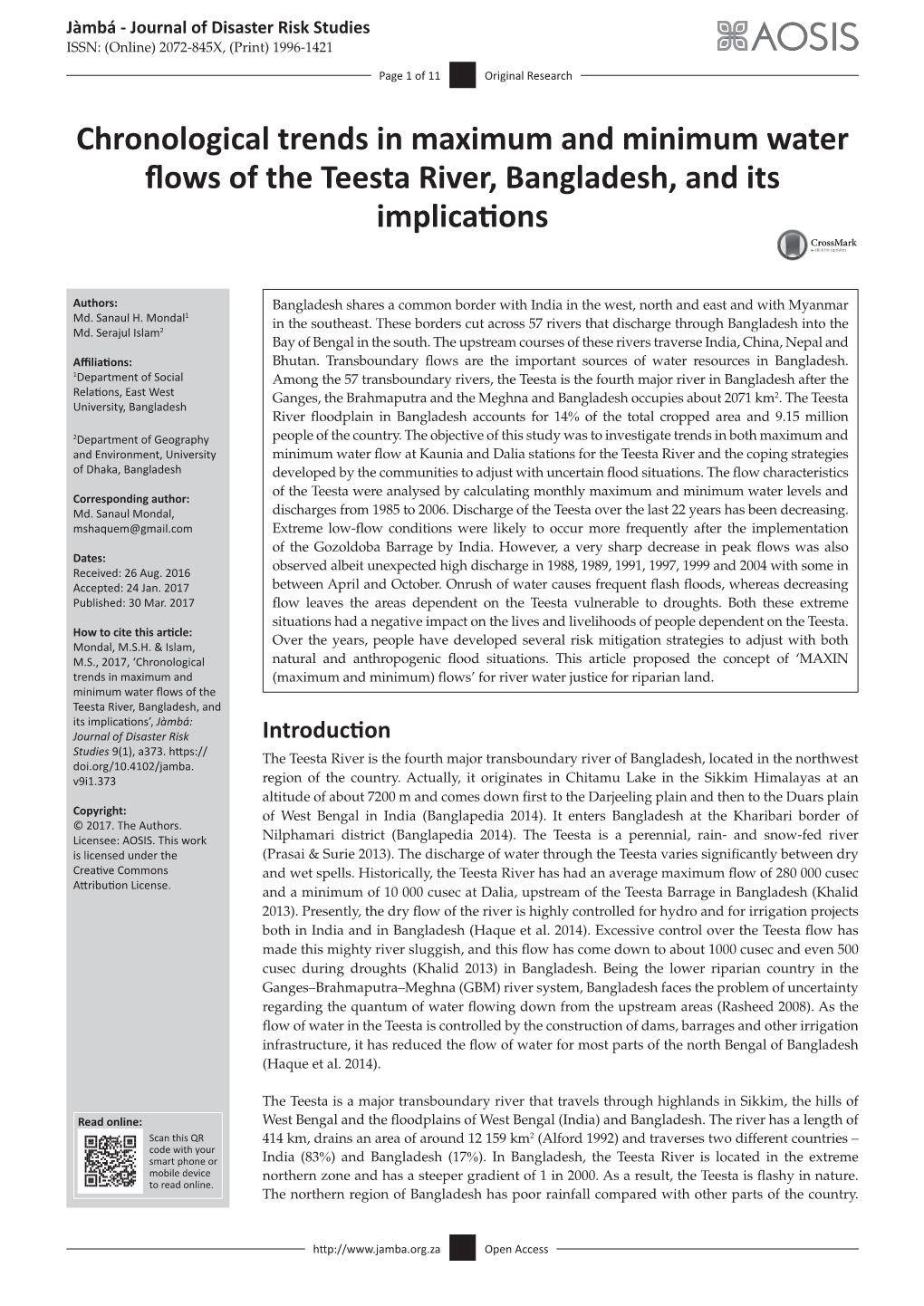 Chronological Trends in Maximum and Minimum Water Flows of the Teesta River, Bangladesh, and Its Implications