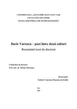 Ilarie Voronca – Poet Între Două Culturi Rezumatul Tezei De Doctorat
