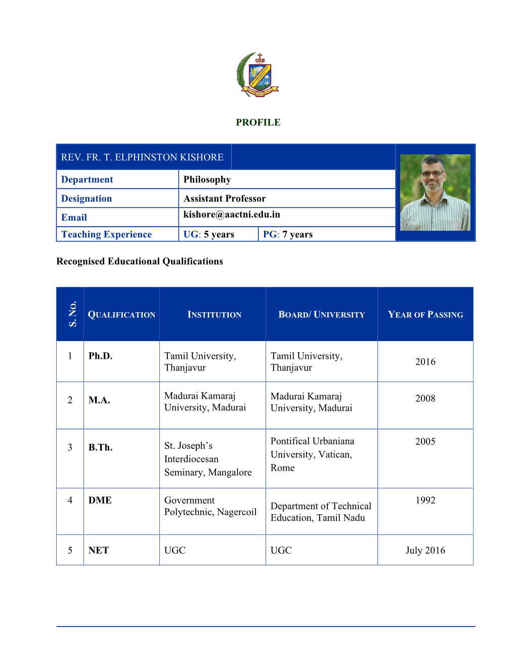 PROFILE REV. FR. T. ELPHINSTON KISHORE Department Philosophy