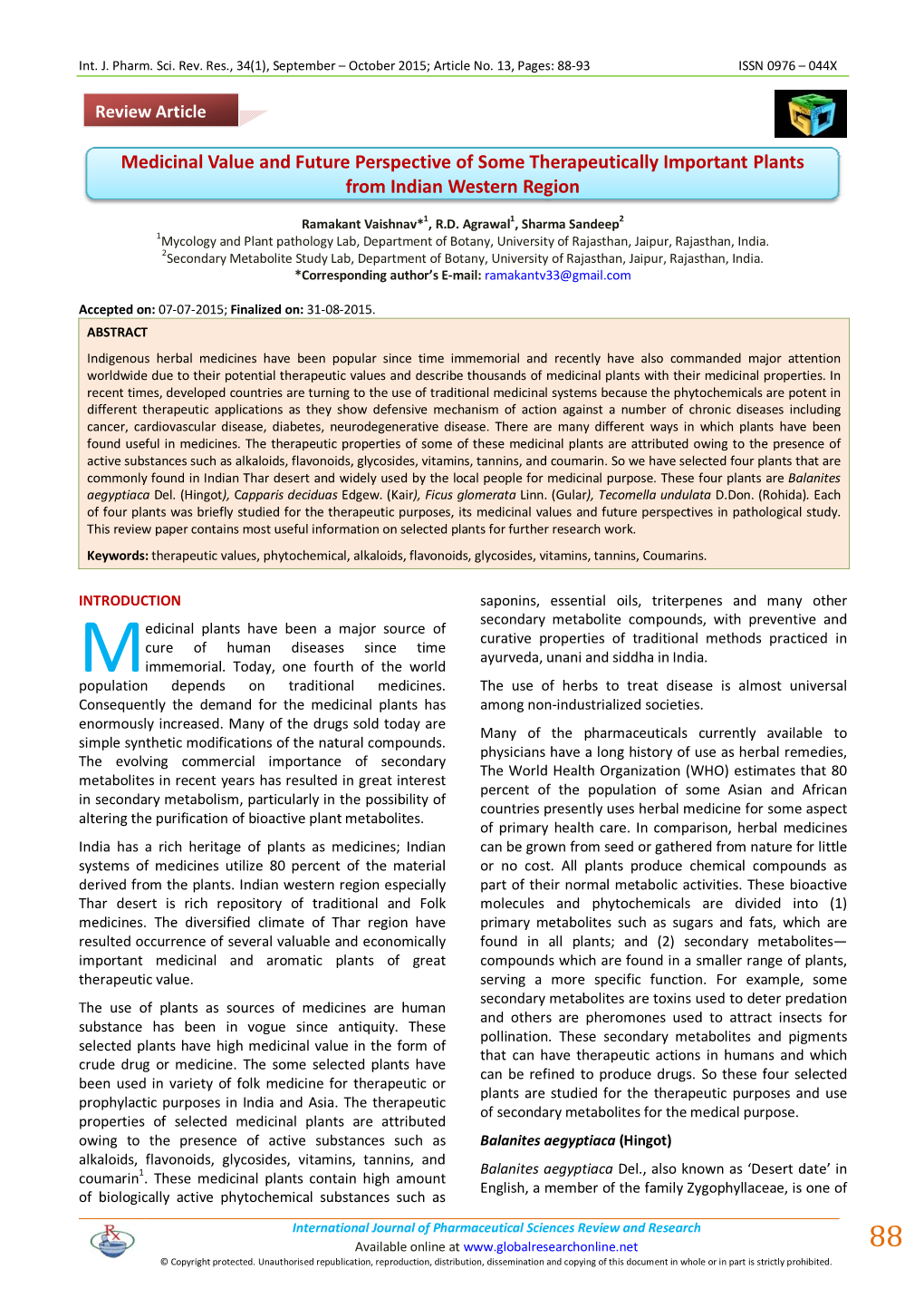 Medicinal Value and Future Perspective of Some Therapeutically Important Plants from Indian Western Region