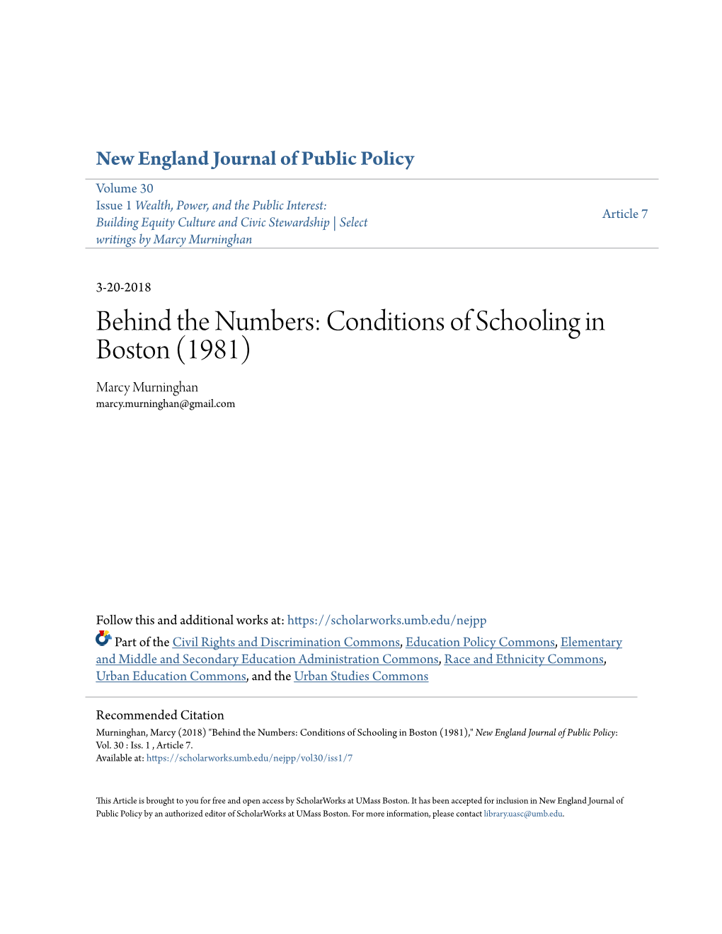 Behind the Numbers: Conditions of Schooling in Boston (1981) Marcy Murninghan Marcy.Murninghan@Gmail.Com