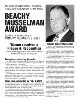 BEACHY MUSSELMAN AWARD Deadline for Nominations Is MONDAY, FEBRUARY 8, 2021