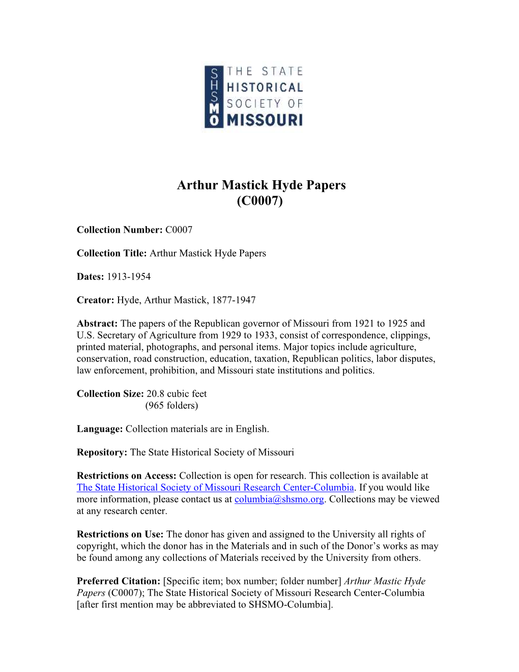 Arthur Mastick Hyde Papers (C0007)