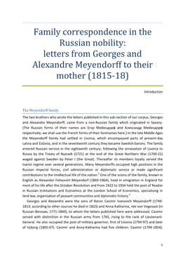 Family Correspondence in the Russian Nobility: Letters from Georges and Alexandre Meyendorff to Their Mother (1815-18)