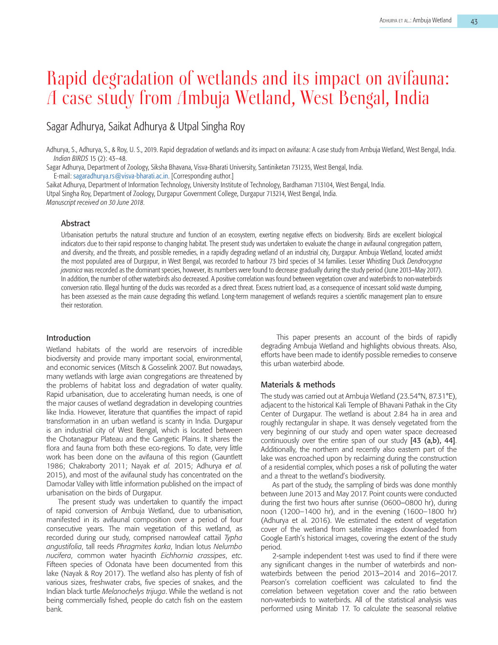 A Case Study from Ambuja Wetland, West Bengal, India