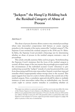 “Jackpot:” the Hang-Up Holding Back the Residual Category of Abuse of Process*