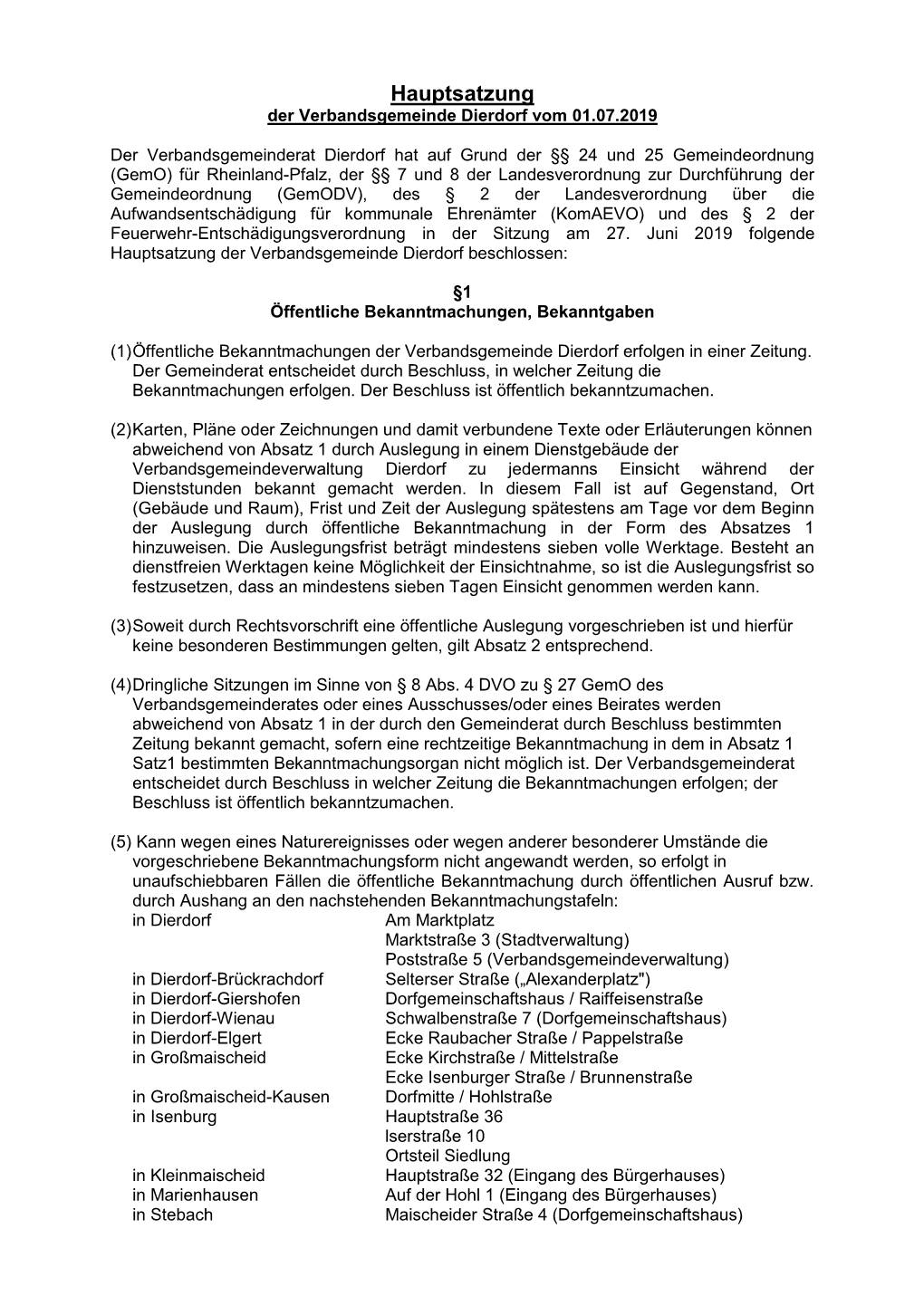 Hauptsatzung Der Verbandsgemeinde Dierdorf Vom 01.07.2019