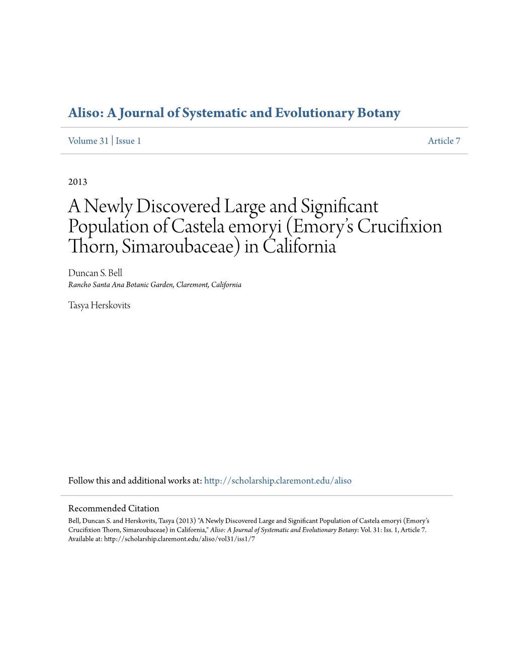 A Newly Discovered Large and Significant Population of Castela Emoryi (Emory’S Crucifixion Thorn, Simaroubaceae) in California Duncan S