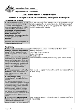 Acizzia Veski Section 1 - Legal Status, Distribution, Biological, Ecological Conservation Theme 1
