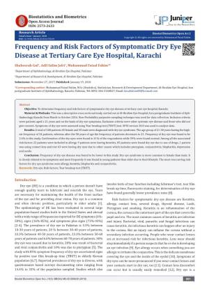 Frequency and Risk Factors of Symptomatic Dry Eye Disease at Tertiary Care Eye Hospital, Karachi